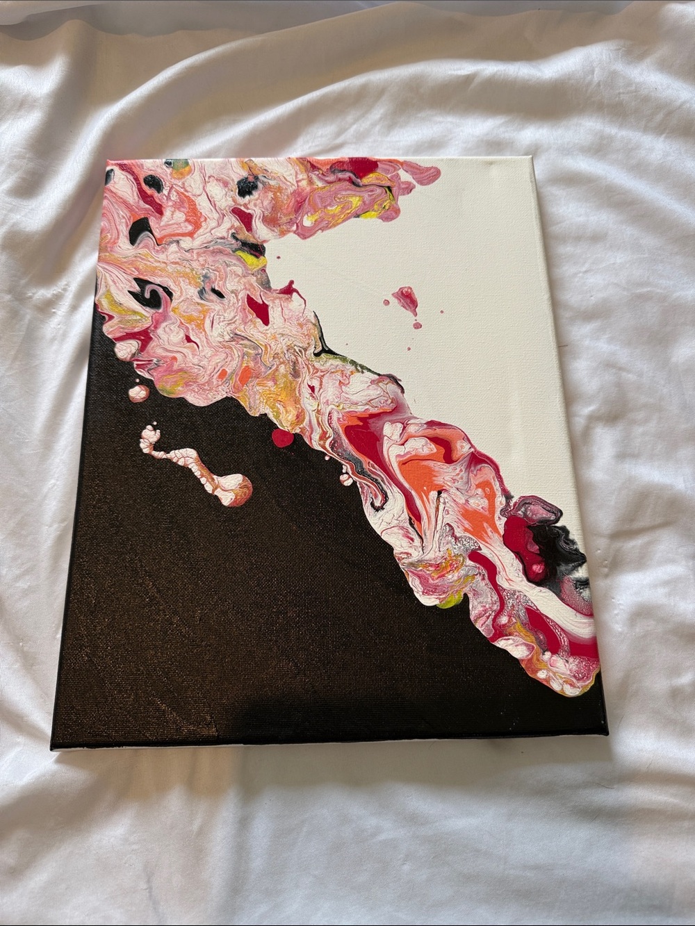 Abstract Fluid Art Canvas in Pink, White & Black handmade 11 x 14”
